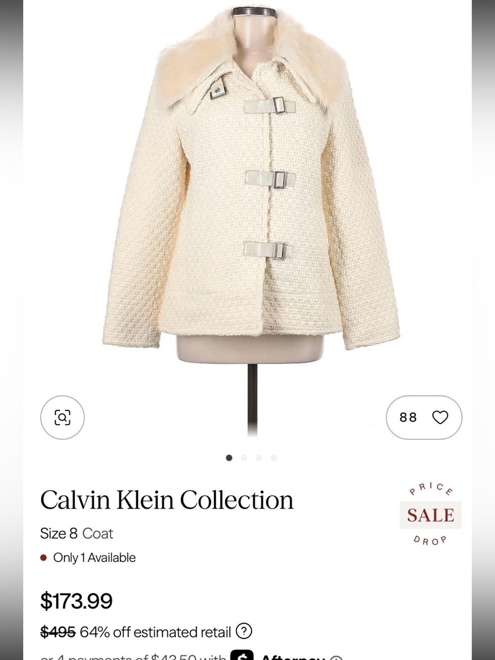Calvin Klein Collection Cream Bouclé Jacket with Faux-Fur Collar